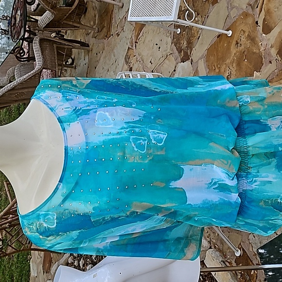 ALFANI Size M/L art abstract aqua polyester decorated blouse & camisole set - Picture 2 of 10